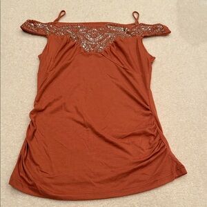 Entry Women's Off-Shoulder Rust Top With Glitter & Sequins Y2K